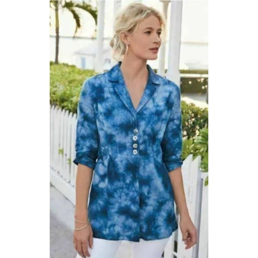 Soft Surroundings Eza 100% Linen Tie Dye Tunic Length Blazer Jacket